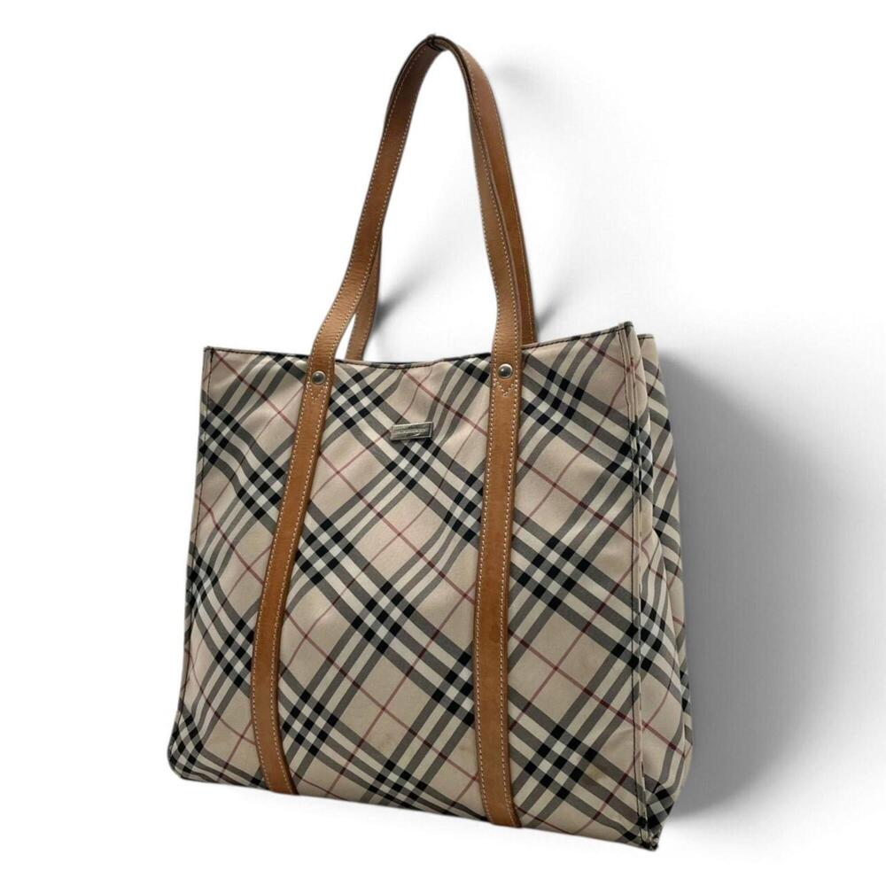 BURBERRY Tote Bag, Nova Check House Check, Beige Nylon Leather, Brown, Women'...